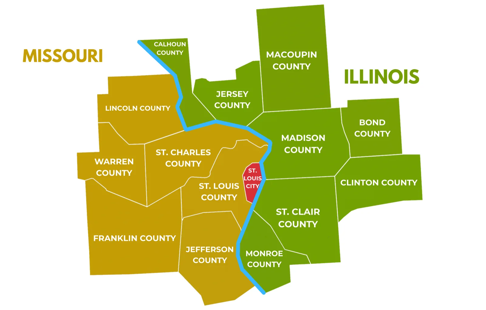 Map of the St. Louis metro: the City, St. Louis County, St. Charles County, and the Metro East