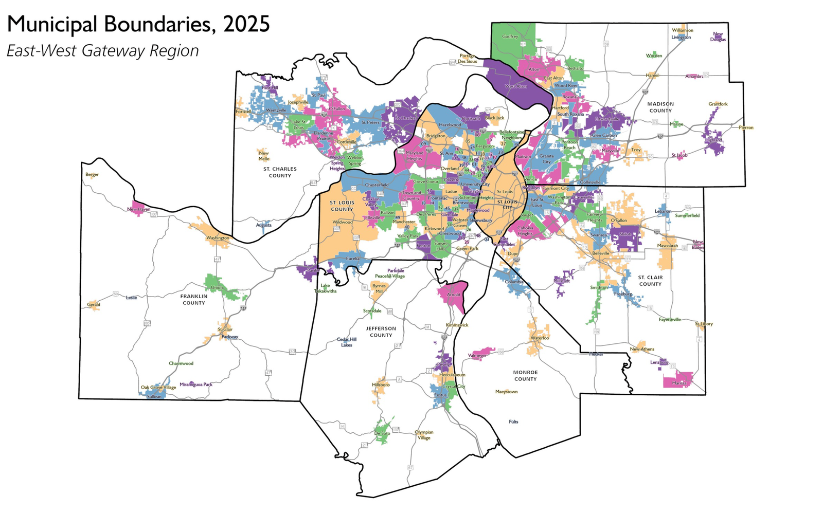 Map of all the municipalities across the St. Louis region, by county
